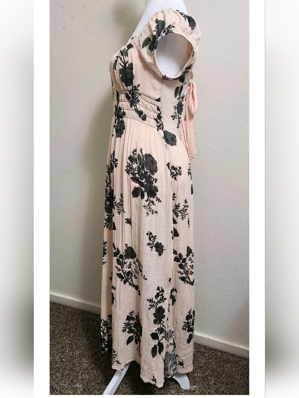 Free People Forget Me Not Midi Dress Sz M Peach Floral Cottagecore Smock Boho - Picture 5 of 16